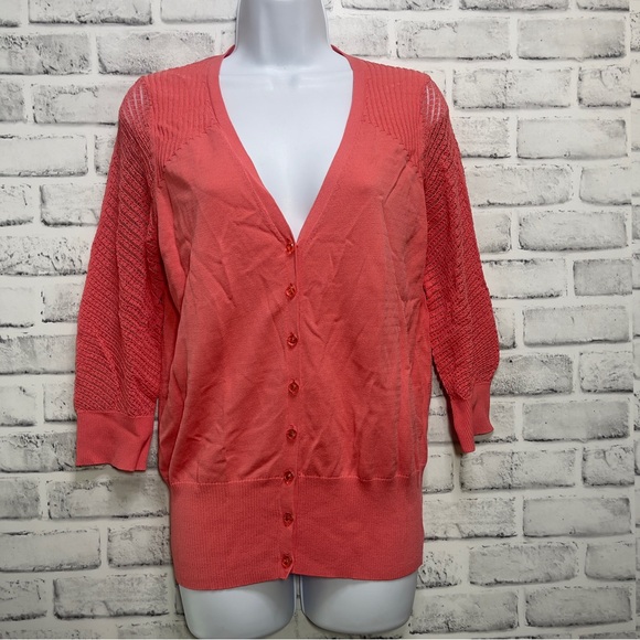 Metric New York Sweaters - Metric New York Coral V-Neck Button Down Sheer Sleeve Cardigan NWT Small